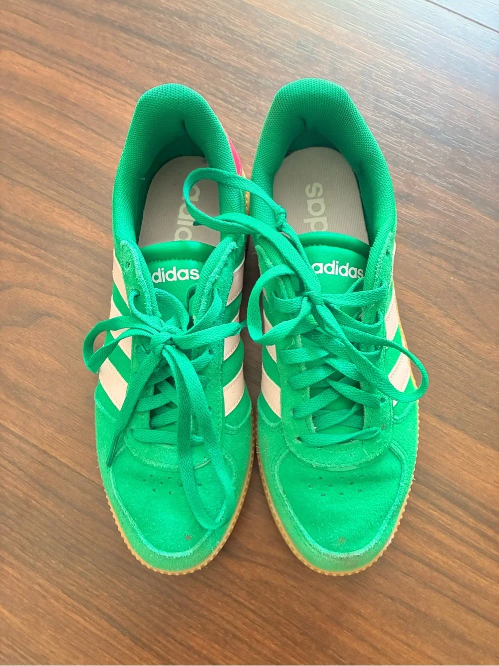 adidas Kids Green Suede Sneakers with White Stripes and Pink Heel
